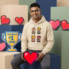 Sweatshirt à capuche beige capuche earthbound avec graphismes pixel art de personnages et trophée number 1 dad