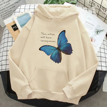 Beige sweatshirt à capuche life is strange avec papillon bleu et texte this action will have consequences