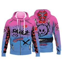Sweatshirt capuche moto avec dégradé rose et bleu, masque diable rouge dos avec éclaboussures noires et texte el diablo
