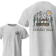 T-shirt coton explore more gris chiné avec poche avant graphique et illustration vintage voiture désert montagnes au dos