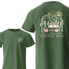 T-shirt coton explore more kaki manches courtes avec graphique van road trip désert montagnes et texte explore more au dos