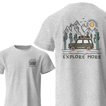 T-shirt coton explore more gris chiné avec poche avant graphique et dos imprimé voiture vintage désert montagnes cactus