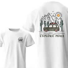 T-shirt coton explore more blanc avec illustration dos voiture vintage olive texte road trip cactus et montagnes sous soleil