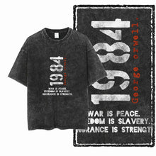 T-shirt coton noir distressed avec design inspiré george orwell 1984 en imprimé vintage blanc textured