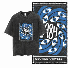 T-shirt coton noir distressed avec design inspiré george orwell yeux bleus et chiffre 1984 au centre