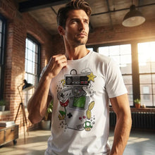 T-shirt blanc en coton séchage rapide col rond manches courtes avec graphique coloré console rétro gaming mario game boy