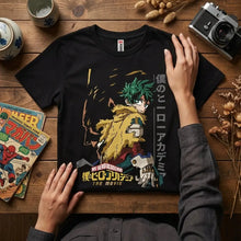 T-shirt my hero académie de super-héros noir avec graphique vibrant de deku midoriya et texte japonais au recto