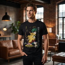 T-shirt académie de super-héros noir avec graphique vibrant de deku vigilante de my hero academia et accents jaunes