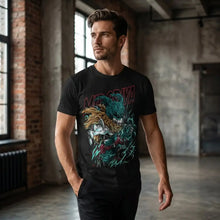 T-shirt hero academia en coton noir manches courtes avec graphisme vibrant de moro teal et or et lettrage rouge