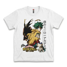T-shirt blanc en coton avec un graphisme vibrant de deku vigilante de hero academia et le titre du film imprimé dessous
