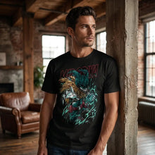 T-shirt académie de super-héros en coton noir avec graphique dynamique de moria en teal et rouge hero academia imprimé