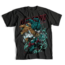 T-shirt noir en coton avec un motif hero academia imprimé de momo yaoyorozu aux accents teal et or