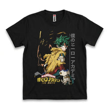 T-shirt académie de super-héros noir avec un graphique vibrant de deku vigilante de hero academia et texte japonais