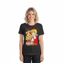 T-shirt anime candy unisexe en coton noir avec graphisme rouge et jaune de personnages anime style kawaii culture japonaise