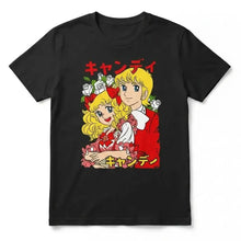 T-shirt anime candy noir en coton avec graphique animé rouge blanc et roses style kawaii culture japonaise