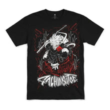 T-shirt anime gachiakuta coton premium noir avec graphisme blanc et rouge d un personnage d anime avec épée et effets énergétiques