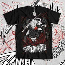 T-shirt anime gachiakuta coton premium noir manches courtes avec graphique blanc et rouge du personnage sachinaku en action