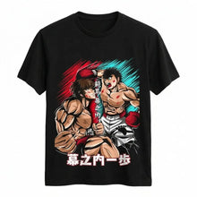T-shirt noir en coton avec graphisme anime vibrant de hajime no ippo et baki hanma en plein combat