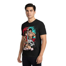 Black short-sleeved t-shirt anime ippo featuring vibrant hajime no ippo vs baki hanma boxing graphic