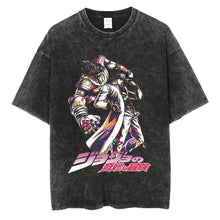 T-shirt noir en coton avec un graphique coloré des personnages de jojo manga aventures fantastiques et texte japonais rose