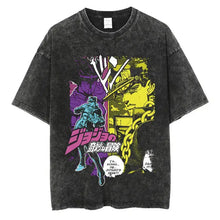 T-shirt manga aventures fantastiques en coton noir délavé avec graphique vibrant jojo’s bizarre adventure en violet jaune et teal