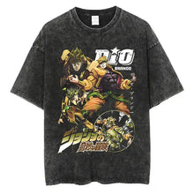 T-shirt manga aventures fantastiques en coton noir usé avec graphisme vibrant de personnages jojo’s bizarre adventure aux accents jaunes et verts