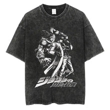 T-shirt manga aventures fantastiques en coton noir avec illustration noire et blanche de jojo avec texte japonais en dessous