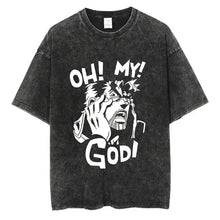 T-shirt manga aventures fantastiques en coton noir avec graphique blanc animé et texte oh my god