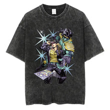 T-shirt coton noir distressed avec graphique vibrant personnages manga aventures fantastiques et effets starburst