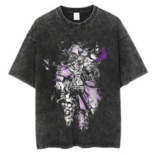 T-shirt manga aventures fantastiques en coton noir délavé avec un graphique animé violet et blanc vif