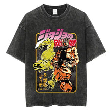 T-shirt manga aventures fantastiques en coton noir délavé avec un graphisme vibrant de personnages jojo’s bizarre adventure