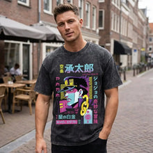 Tee-shirt manga aventures fantastiques en coton noir avec illustration stylisée de jotaro kujo aux accents vifs rose et jaune