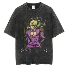 T-shirt manga aventures fantastiques en coton noir distressed avec un graphisme anime violet et or vibrant