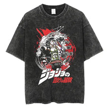 T-shirt manga aventures fantastiques en coton noir délavé avec graphisme audacieux de personnages jojo’s bizarre adventure rouge et blanc