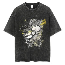 T-shirt manga aventures fantastiques en coton noir avec motif graphique stylisé et accents jaunes sur figure musclée