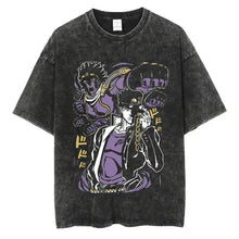 T-shirt manga aventures fantastiques en coton noir avec motif jojo coloré violet et or et texte japonais