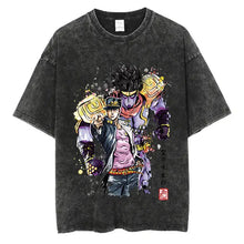 T-shirt manga aventures fantastiques en coton noir délavé avec un graphisme coloré de personnages d anime jojo’s bizarre adventure