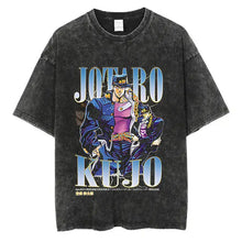 T-shirt manga aventures fantastiques en coton noir avec graphique vibrant de jotaro kujo en bleu violet et or