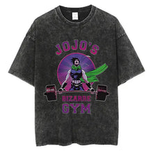 T-shirt manga aventures fantastiques en coton noir délavé avec graphique vibrant de jojo’s bizarre gym aux accents violets et verts