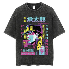 T-shirt manga aventures fantastiques en coton noir avec graphique stylisé de jotaro kujo et texte néon bold