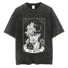 T-shirt noir en coton avec un graphisme en ligne blanche du personnage jojo et la carte tarot the world pour manga aventures fantastiques