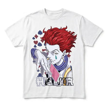 T-shirt aventuriers manga en coton blanc avec un graphisme vibrant de hunter hisoka morow aux cheveux rouges