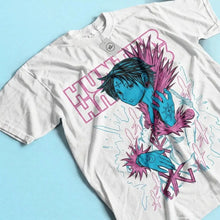 T-shirt aventuriers manga en coton blanc avec motif hunter x hunter de chrollo ryodan en bleu et rose vif
