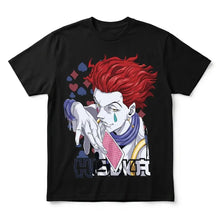 T-shirt aventuriers manga noir avec graphisme vibrant de hanzo de hunter x hunter et cartes à jouer, t-shirt hunter hisoka morow