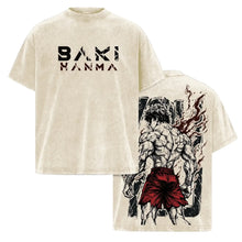 T-shirt coton anime baki beige distressed avec un graphisme noir et rouge de baki hanma vu de dos