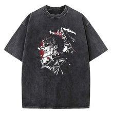 T-shirt unisexe noir en coton délavé avec graphique blanc et rouge de berserk guts personnage anime dix motifs