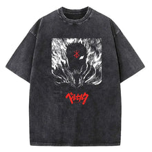 T-shirt unisexe en coton délavé noir avec motif berserk guts belzebuth et texte japonais stylisé dix motifs