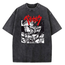 T-shirt unisexe en coton délavé noir avec motif berserk guts et texte japonais rouge dix motifs disponibles