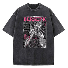 T-shirt unisexe en coton noir délavé avec graphique berserk guts en rose et blanc présente dix motifs distincts