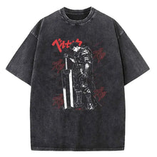 T-shirt unisexe berserk guts noir en coton délavé avec motif graphique guerrier armuré et texte japonais stylisé dix motifs